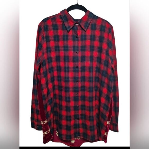 Paparazzi by Biz Embroidered Crushed Velvet Flannel Multi Media Tunic Top sz  XL - Picture 3 of 7